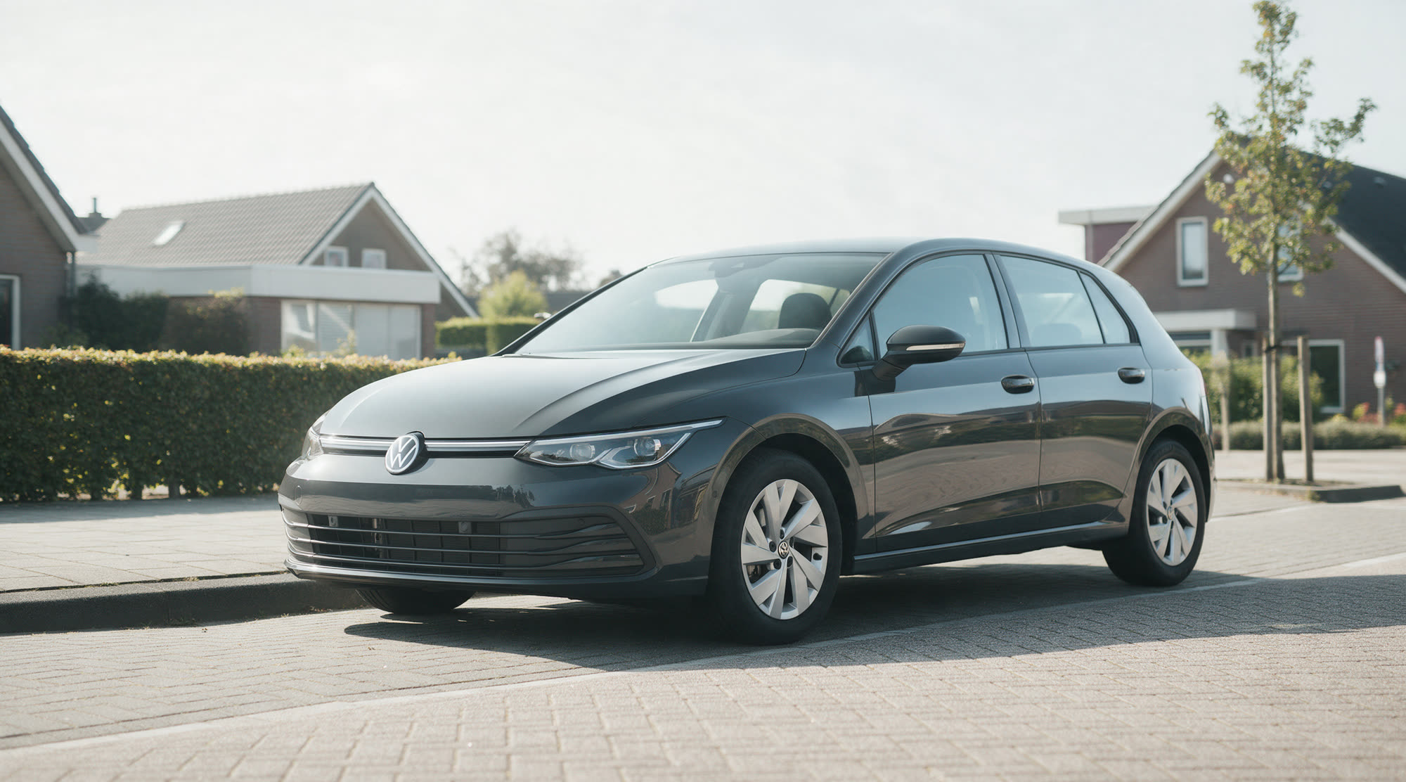 De grijze lesauto staat geparkeerd aan de stoeprand in een rustige Nederlandse woonstraat