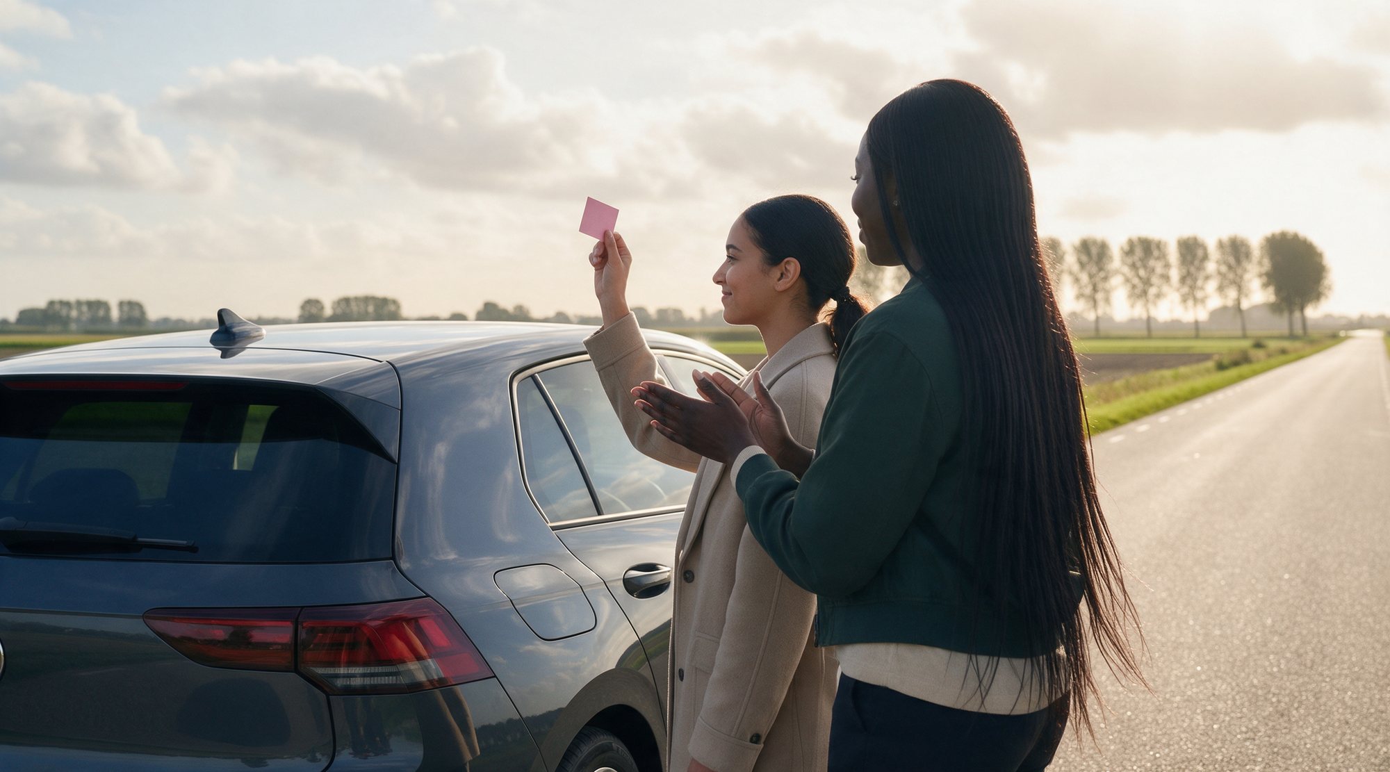 De leerling houdt haar roze rijbewijs omhoog naast de lesauto op een open polderweg in laag zonlicht, de instructrice applaudisseert